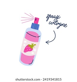 Cologne spray bottle vector isolated clipart. Odor eliminator illustration in flat trendy style with handwritten typography