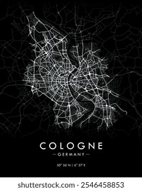 Cologne vector map in dark theme. Detailed map of Cologne in Germany. Best free vector illustration. Tourist decorative street map.