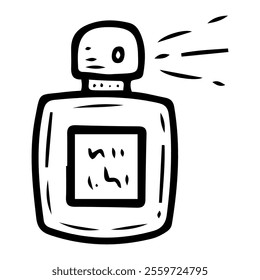Cologne water hand drawn doodle. Glass bottle of perfume for men. Aromatic spray. Cosmetic water with scent. Vector line art illustration.