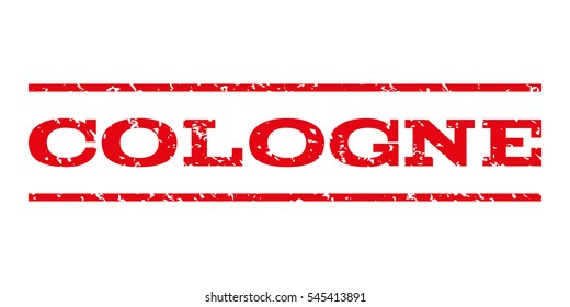 Cologne watermark stamp. Text tag between horizontal parallel lines with grunge design style. Rubber seal stamp with scratched texture. Vector intensive red color ink imprint on a white background.