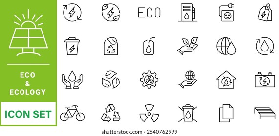 cology icon set. Environment, sustainability, nature, recycle, renewable energy; electric bike, eco-friendly, forest, wind power, green symbol. Solid icons vector collection.