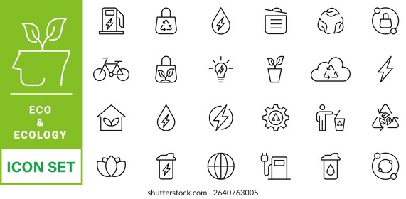 cology icon set. Environment, sustainability, nature, recycle, renewable energy; electric bike, eco-friendly, forest, wind power, green symbol. Solid icons vector collection.