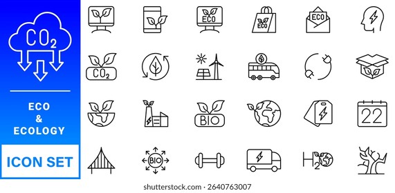 cology icon set. Environment, sustainability, nature, recycle, renewable energy; electric bike, eco-friendly, forest, wind power, green symbol. Solid icons vector collection.