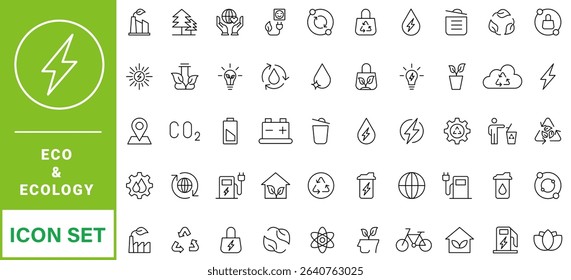 cology icon set. Environment, sustainability, nature, recycle, renewable energy; electric bike, eco-friendly, forest, wind power, green symbol. Solid icons vector collection.