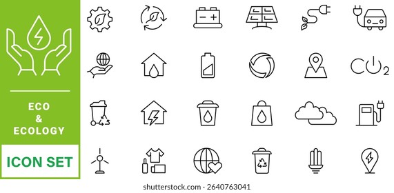 cology icon set. Environment, sustainability, nature, recycle, renewable energy; electric bike, eco-friendly, forest, wind power, green symbol. Solid icons vector collection.