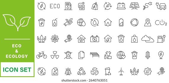 cology icon set. Environment, sustainability, nature, recycle, renewable energy; electric bike, eco-friendly, forest, wind power, green symbol. Solid icons vector collection.