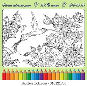 cololoring page with lots of flowers, leaves and one hummingbird
