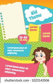 Cololrful Vector Template For Kid Flyer. Cartoon Children Illustration And Text Blocks