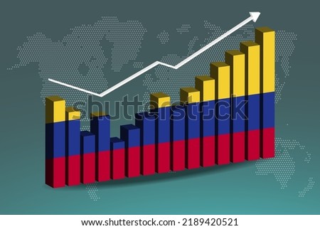 Colombia 3D bar chart graph with ups and downs, increasing values, Colombia country flag on 3D bar graph, upward rising arrow on data, news banner idea, developing country concept