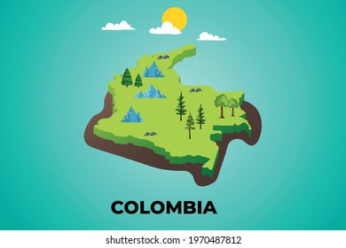 Colombia 3d isometric map with topographic details mountains, trees and soil vector illustration design