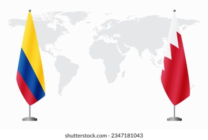 Colombia and Bahrain flags for official meeting against background of world map.