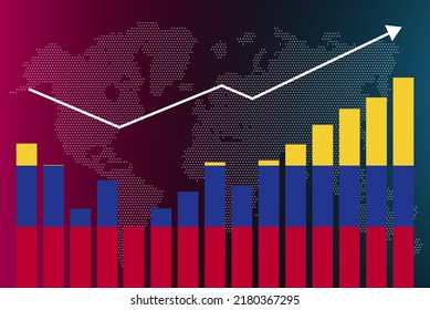 Colombia bar chart graph with ups and downs, increasing values, Colombia country flag on bar graph, upward rising arrow on data, news banner idea, developing country concept