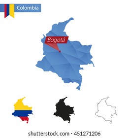 Colombia blue Low Poly map with capital Bogota, versions with flag, black and outline. Vector Illustration.
