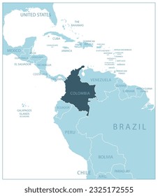 Colombia - blue map with neighboring countries and names. Vector illustration