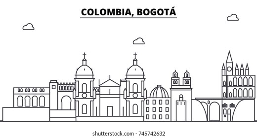 Colombia, Bogota architecture skyline buildings, silhouette, outline landscape, landmarks. Editable strokes. Urban skyline illustration. Flat design vector, line concept