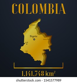 Colombia, Bogota golden 3d solid country outline silhouette, realistic piece of world map template, for infographic, vector illustration, isolated object, background. From countries set