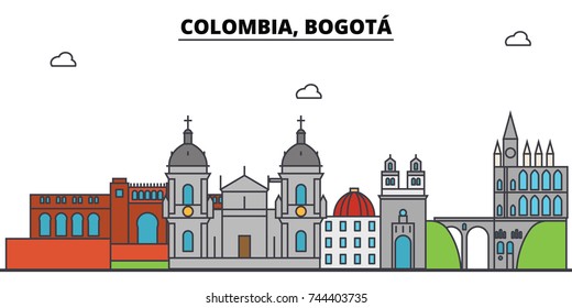 Colombia, Bogota Outline City Skyline, Linear Illustration, Banner, Travel Landmark, Buildings Silhouette,vector