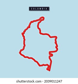 Colombia bold outline map. Glossy red border with soft shadow. Country name plate. Vector illustration.