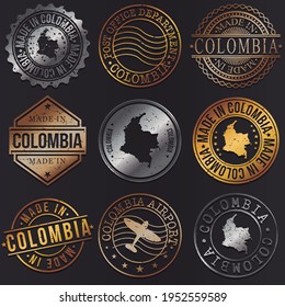 Colombia Business Metal Stamps. Gold Made In Product Seal. National Logo Icon. Symbol Design Insignia Country.