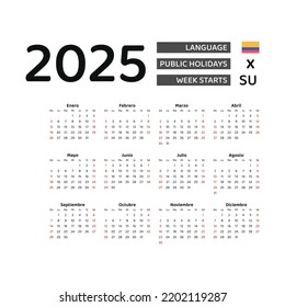 Colombia Calendar 2025. Week starts from Sunday. Vector graphic design. Spanish language.