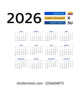 Calendario Colombia 2026. La semana comienza el domingo. Diseño gráfico vectorial. Español.