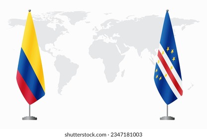 Colombia and Cape Verde flags for official meeting against background of world map.