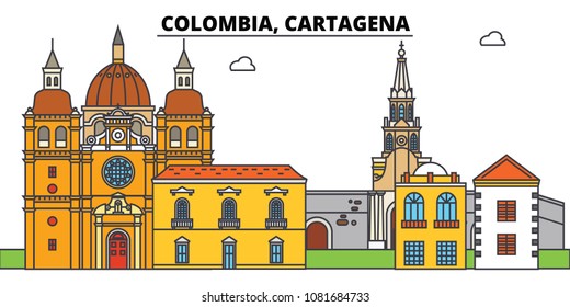 Colombia, Cartagena. City skyline, architecture, buildings, streets, silhouette, landscape, panorama, landmarks. Editable strokes. Flat design line vector illustration concept. Isolated icons