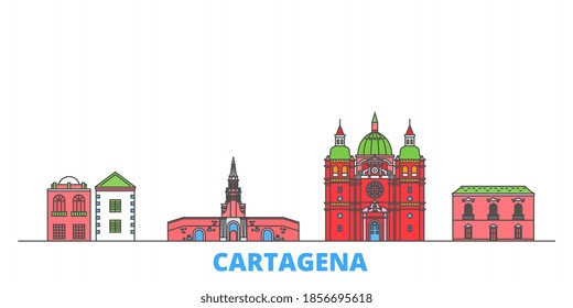 Colombia, Cartagena line cityscape, flat vector. Travel city landmark, oultine illustration, line world icons
