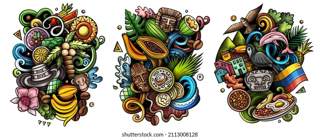 Cartoon Vektor-Doodle-Designs Satz in Kolumbien. Farbige, detaillierte Kompositionen mit vielen traditionellen Symbolen. Einzeln auf weißen Illustrationen