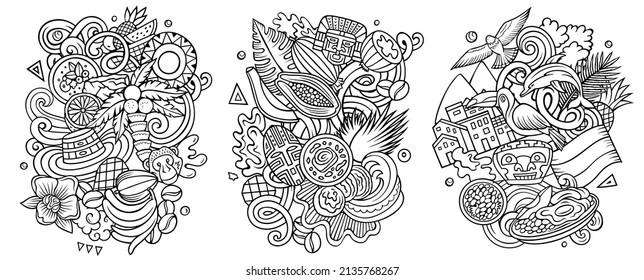 Colombia cartoon vector doodle designs set. Sketchy detailed compositions with lot of traditional symbols. Isolated on white illustrations