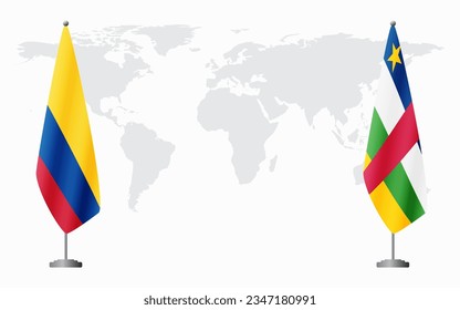 Colombia and Central African Republic flags for official meeting against background of world map.