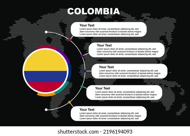 Colombia circle infographic with information text spaces, black background with world map, Colombia circle country flag, presentation graphic idea, info and data template for countries