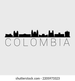 Colombia City Skyline. Silhouette Illustration Clip Art. Travel Design Vector Landmark Famous Monuments.