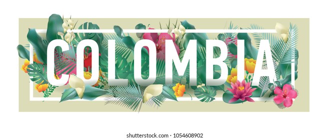 Colombia City Typographic Floral Framed Vector Card Design
