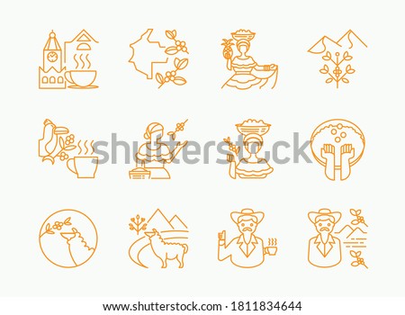 colombia coffee single origin line icon design with woman pick fruits,lama eat coffee fruits,uncle with hat ,toucan on tree and hot cofee on clock tower view