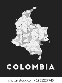 Colombia - mapa de la red de comunicación del país. Diseño geométrico colombiano de moda sobre fondo oscuro. Tecnología, internet, red, concepto de telecomunicaciones. Ilustración vectorial.