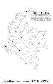 Colombia communication network map. Vector low poly image of a global map with lights in the form of cities in or population density consisting of points and shapes and space. Easy to edit