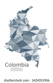 Colombia communication network map. Vector low poly image of a global map with lights in the form of cities in or population density consisting of points and shapes and space. Easy to edit