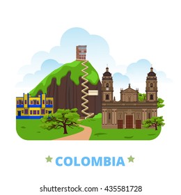 Colombia country design template. Flat cartoon web site vector illustration. World vacation travel sightseeing South America collection. Plaza de Bolivar in Bogota La Piedra La Candelaria in Bogota