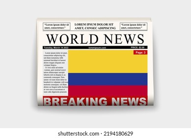 Colombia country newspaper with flag, breaking news on newsletter, Colombia news concept, gazette page with headline, journal with country flag, reading newspaper, streamer headline