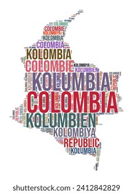 Colombia country shape word cloud. Typography style country illustration. Colombia image in text cloud style. Vector illustration.
