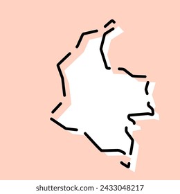 Mapa simplificado de Colombia. Silueta blanca con contorno roto negro sobre fondo rosa. Icono de vector simple