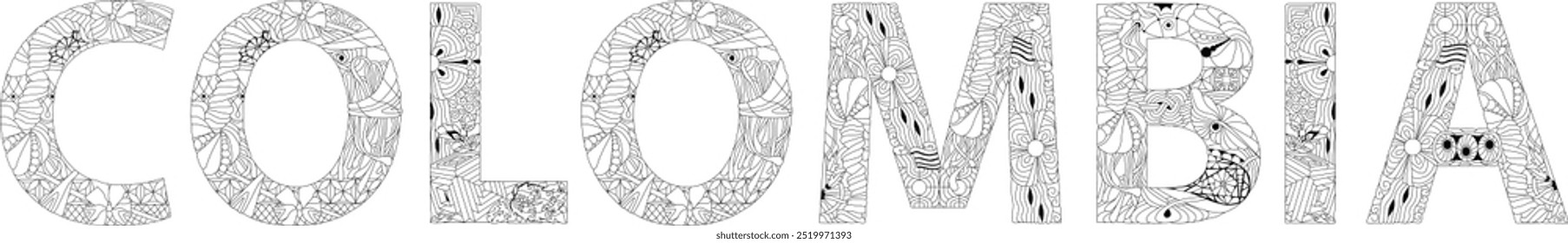 Colombia es un país de Sudamérica. Vector objeto decorativo zentangle para colorear.