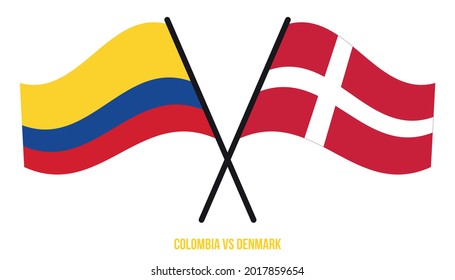 Colombia and Denmark Flags Crossed And Waving Flat Style. Official Proportion. Correct Colors.