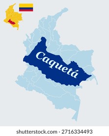 Mapa del Departamento de Caquetá Colombia con Bandera Región Amazónica Florencia Capital y Esquema del Vector del Río Caquetá