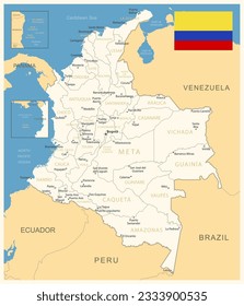 Colombia - mapa detallado con divisiones administrativas y bandera del país. Ilustración del vector