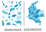 Colombia - detailed map of the country in blue colors, divided into regions. Infographic icons. Vector illustration.