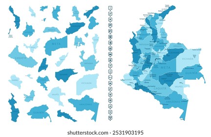 Colômbia - mapa detalhado do país em cores azuis, dividido em regiões. Ícones infográficos. Ilustração vetorial.