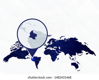 Colombia detailed map highlighted on blue rounded World Map. Map of Colombia in circle.