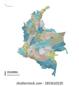 Colombia detailed map with subdivisions. Administrative map of Colombia with districts and cities name, colored by states and administrative districts. Vector illustration.